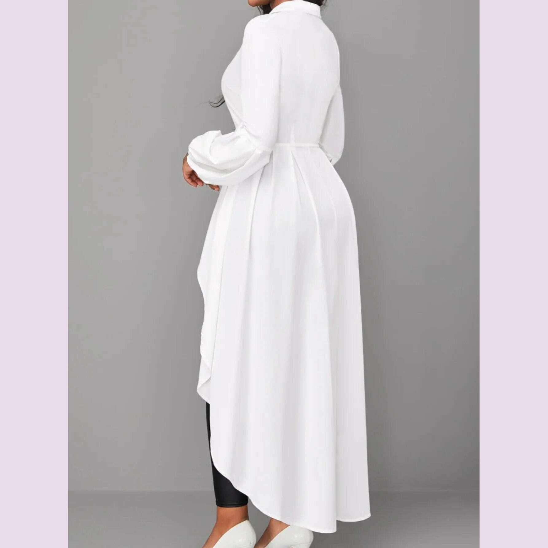 LW Plus Size Asymmetrical A Line Blouse Fashion Shirts Women's Hem Blouses Casual Long Puff Sleeve Female Lapale Neck Button Top - KIMLUD