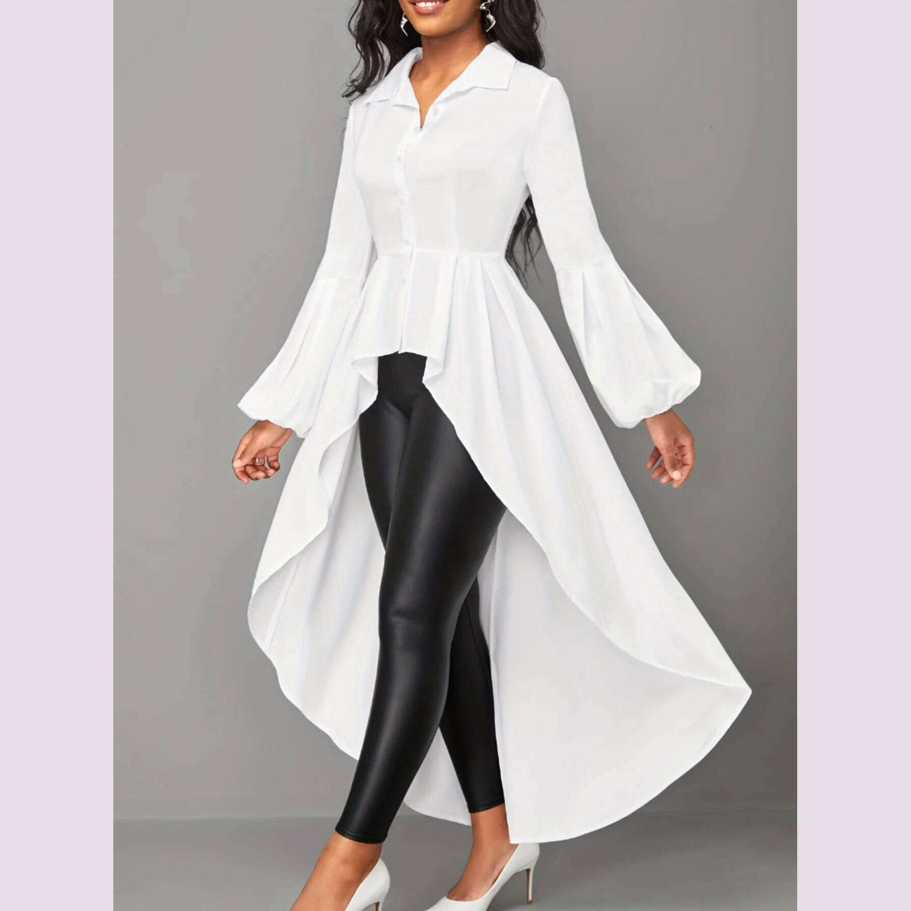 LW Plus Size Asymmetrical A Line Blouse Fashion Shirts Women's Hem Blouses Casual Long Puff Sleeve Female Lapale Neck Button Top - KIMLUD