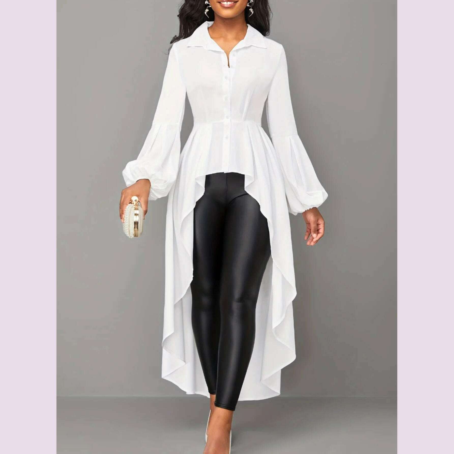 LW Plus Size Asymmetrical A Line Blouse Fashion Shirts Women's Hem Blouses Casual Long Puff Sleeve Female Lapale Neck Button Top - KIMLUD