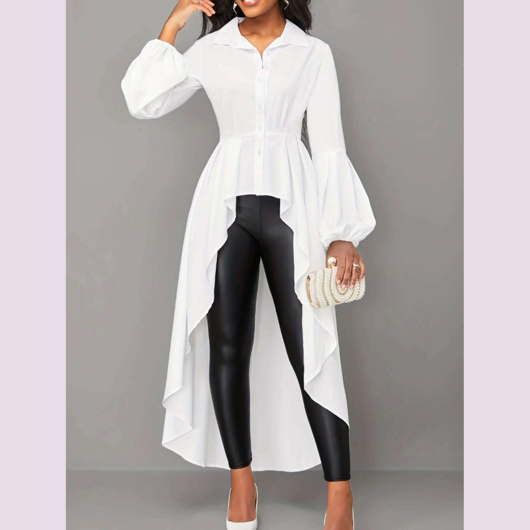 LW Plus Size Asymmetrical A Line Blouse Fashion Shirts Women's Hem Blouses Casual Long Puff Sleeve Female Lapale Neck Button Top - KIMLUD