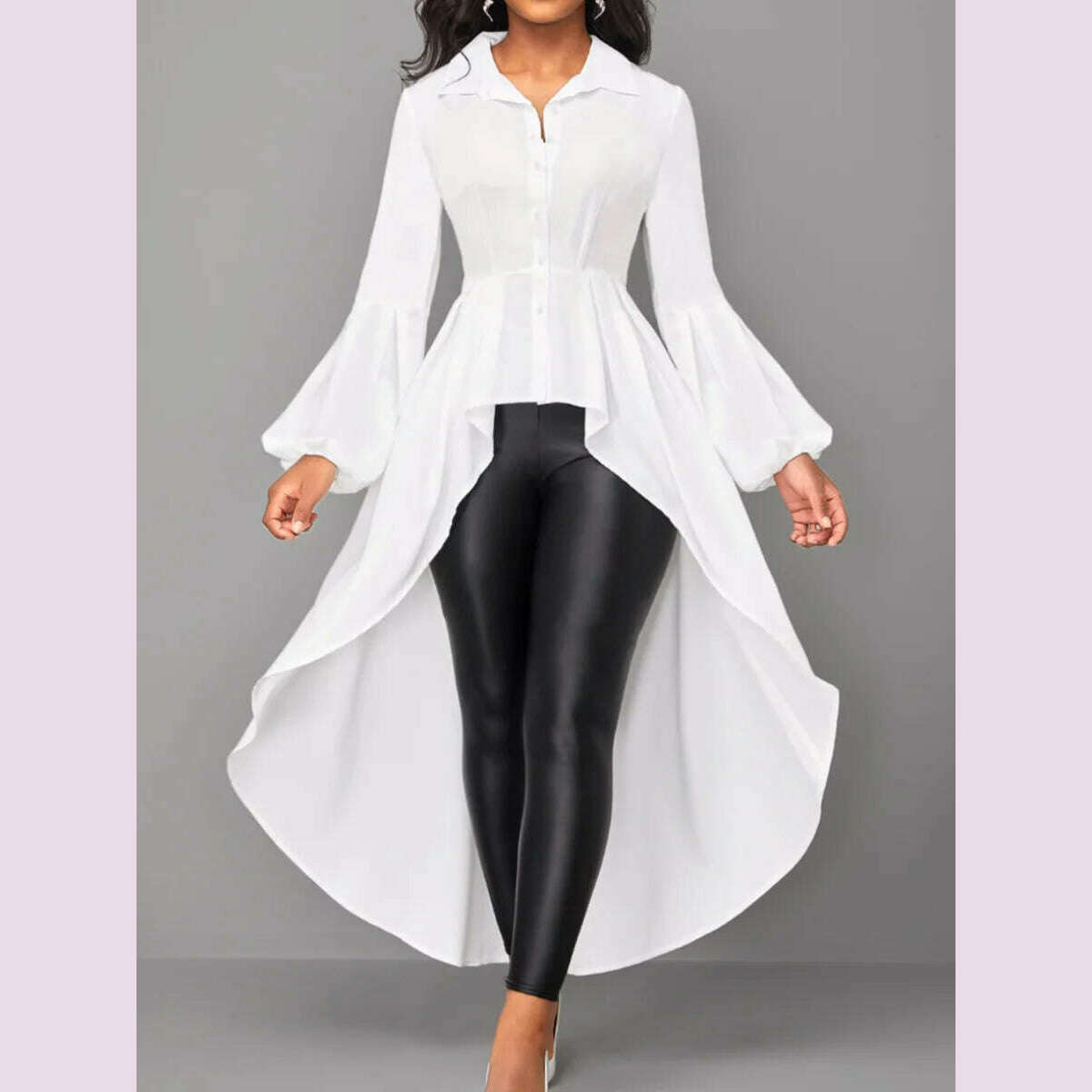 LW Plus Size Asymmetrical A Line Blouse Fashion Shirts Women's Hem Blouses Casual Long Puff Sleeve Female Lapale Neck Button Top - KIMLUD