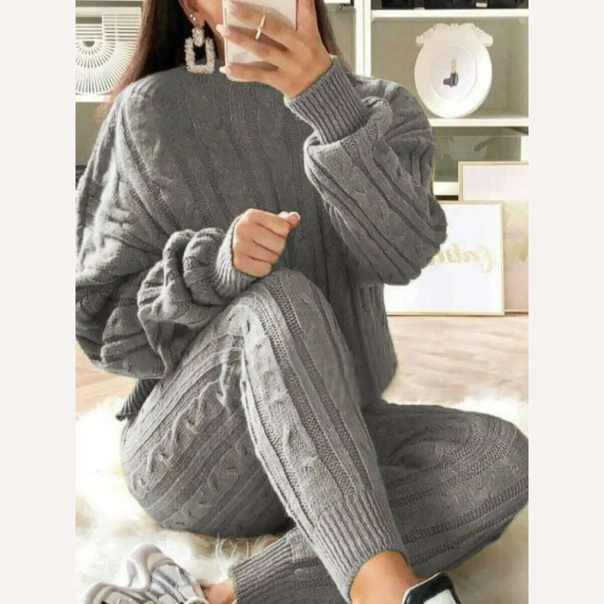 KIMLUD, LW Plus Size Dropped Shoulder Knit Pants Set Women's Long Sleeve Knitted Casual Two-piece Sweater Long Sleeve Top Thick Sweaters, Gray / XXL, KIMLUD APPAREL - Womens Clothes