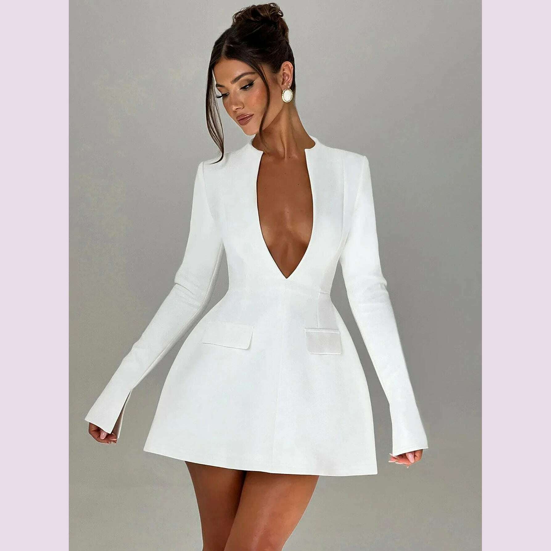 KIMLUD, Lygens V Neck Long Sleeve Zipper Back A Line Patchwork Mini Solid Women'S Dresses Wholesale Fashion Gown Fashion Winter Clothes, WHITE / S, KIMLUD APPAREL - Womens Clothes