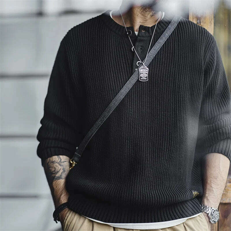 Maden Vintage Black Knitted Henley Pullover Men's Amekaji Vertical Stripes Sweater 2023 Winter Warm Jumper Brand Clothing - KIMLUD
