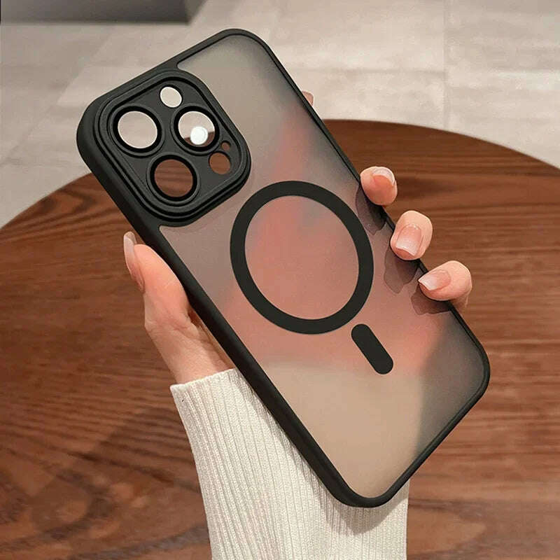 Magnetic Luxury Matte Translucent Armor Shockproof Case For iPhone 14 13 12 11 15 Pro Max Plus For Magsafe Wireless Charge Cover - KIMLUD
