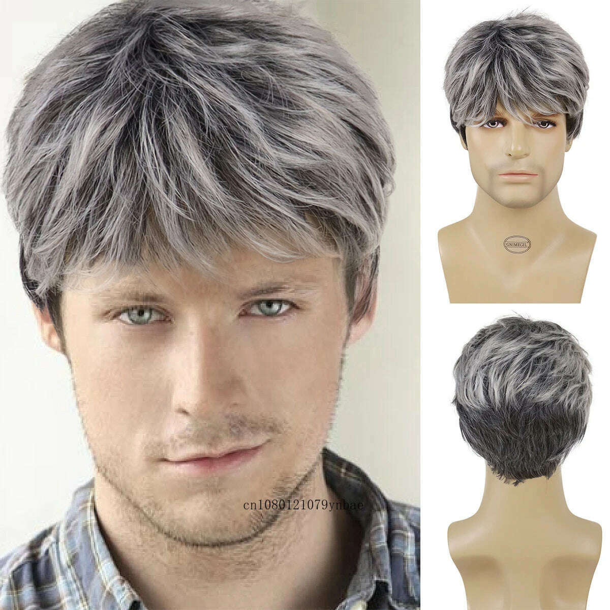 KIMLUD, Male Mix Grey Wigs Synthetic Hair Short Wig with Bangs for Men Daddy Hairstyles Gifts Daily Cosplay Costume Party Heat Resistant, KIMLUD Womens Clothes