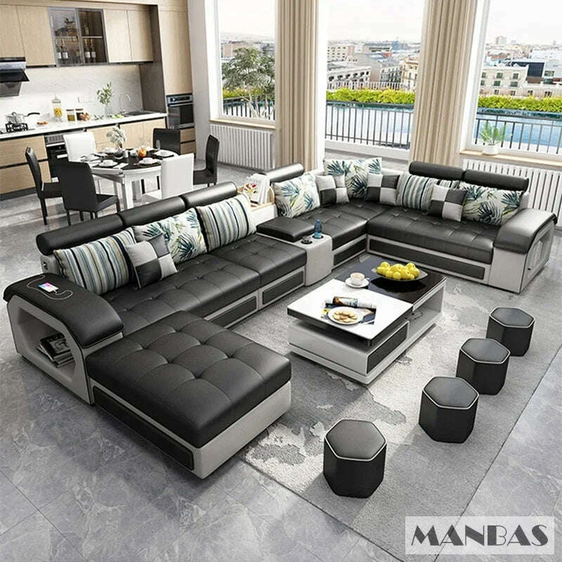 KIMLUD, MANBAS Fabric Sofa Set Furniture Living Room Sofa Set with USB and Stools / Big U Shape Cloth Couch Sofas for Home Furniture, black without table, KIMLUD Womens Clothes
