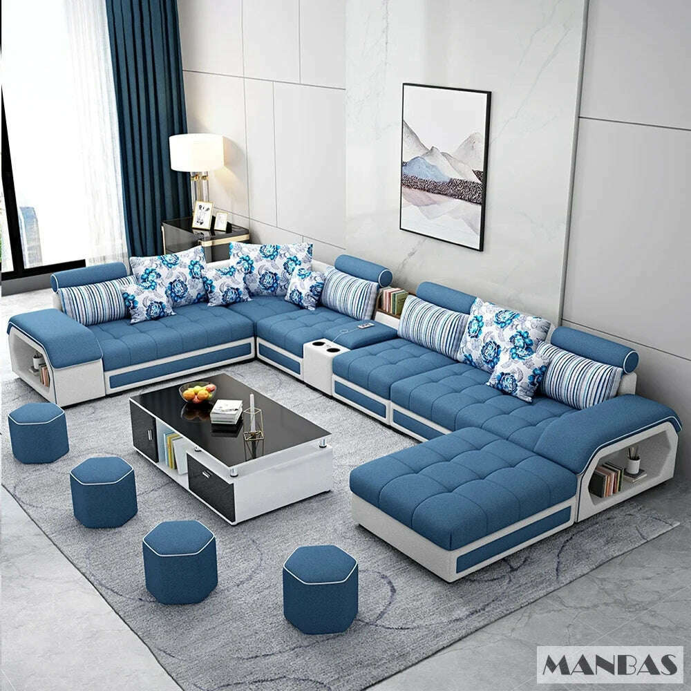 KIMLUD, MANBAS Fabric Sofa Set Furniture Living Room Sofa Set with USB and Stools / Big U Shape Cloth Couch Sofas for Home Furniture, blue without table, KIMLUD Womens Clothes