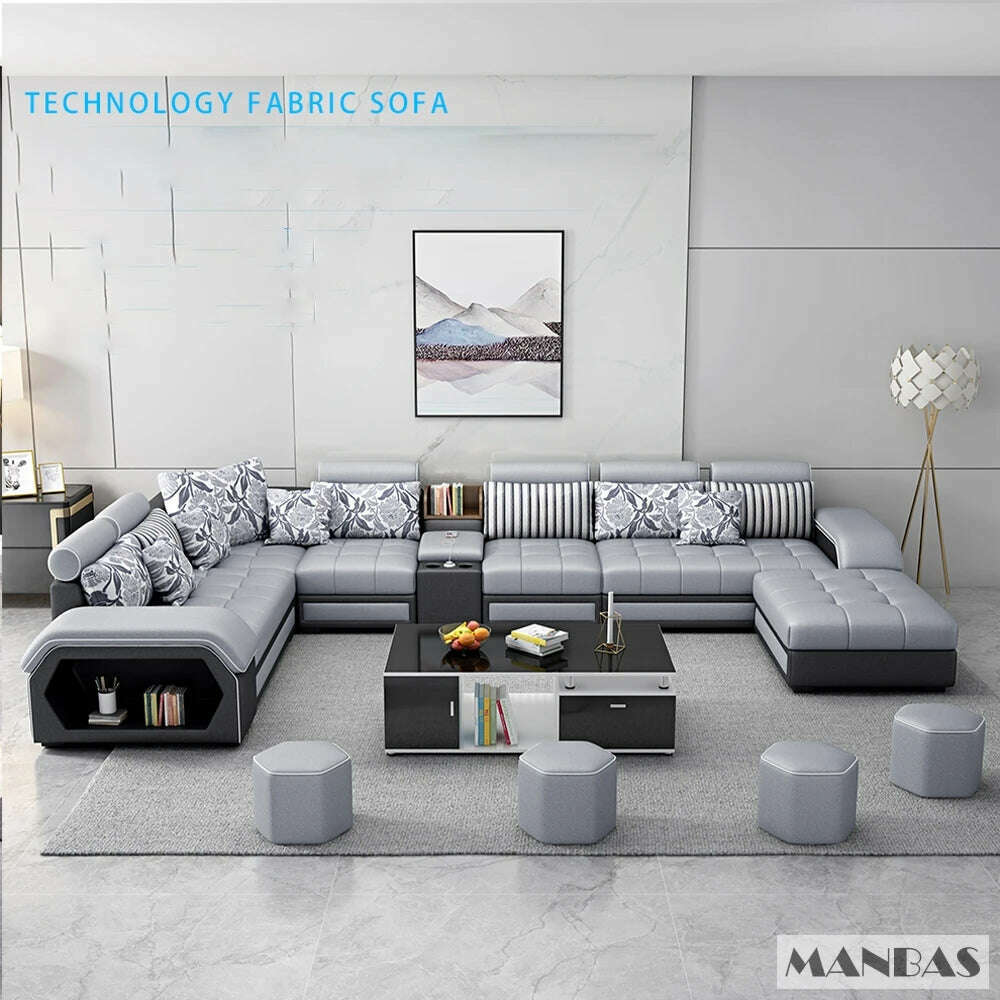 KIMLUD, MANBAS Fabric Sofa Set Furniture Living Room Sofa Set with USB and Stools / Big U Shape Cloth Couch Sofas for Home Furniture, KIMLUD Womens Clothes