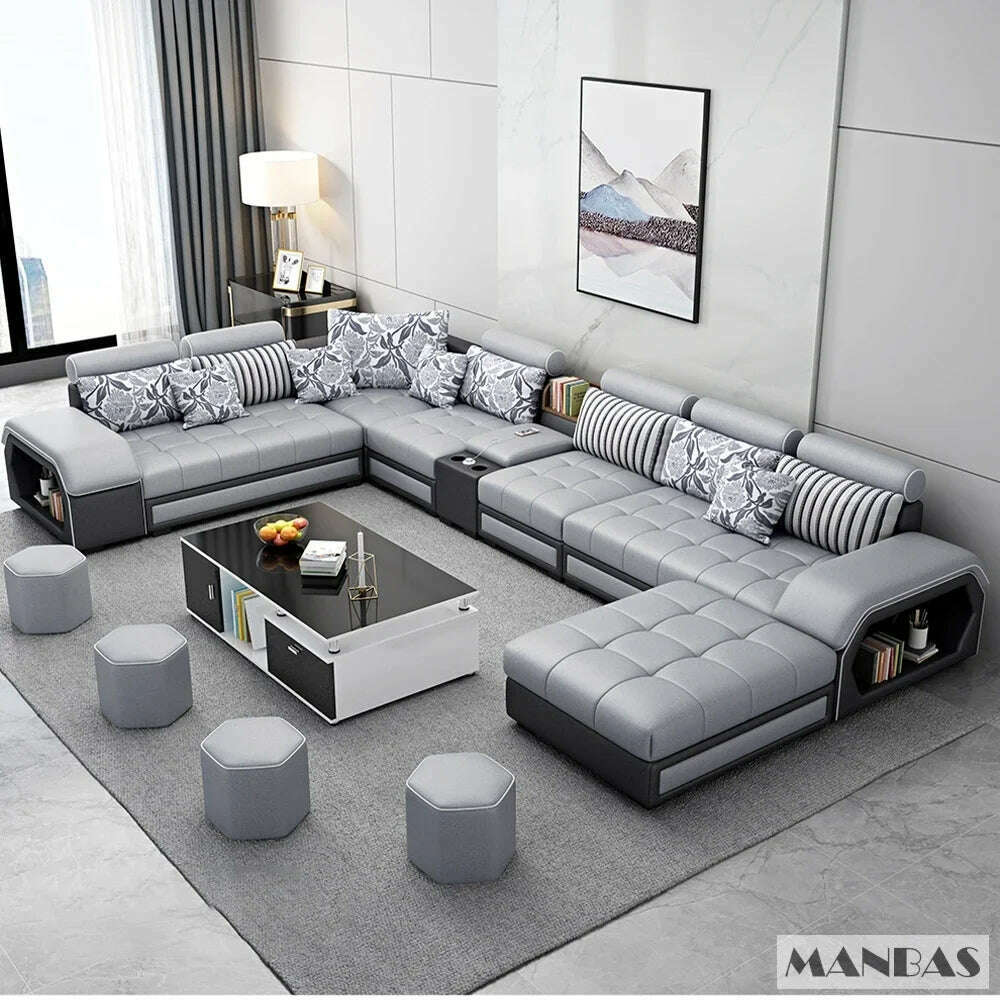 KIMLUD, MANBAS Fabric Sofa Set Furniture Living Room Sofa Set with USB and Stools / Big U Shape Cloth Couch Sofas for Home Furniture, grey without table, KIMLUD Womens Clothes