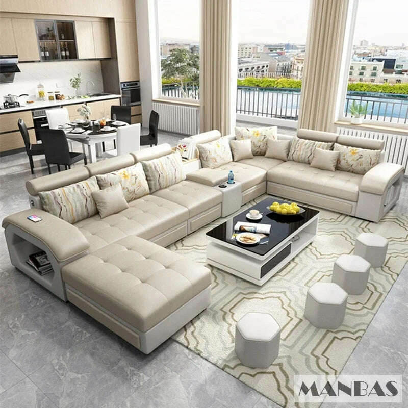 KIMLUD, MANBAS Fabric Sofa Set Furniture Living Room Sofa Set with USB and Stools / Big U Shape Cloth Couch Sofas for Home Furniture, KIMLUD Womens ClothesKIMLUD, MANBAS Fabric Sofa Set Furniture Living Room Sofa Set with USB and Stools / Big U Shape Cloth Couch Sofas for Home Furniture, khaki without table, KIMLUD APPAREL - Womens Clothes