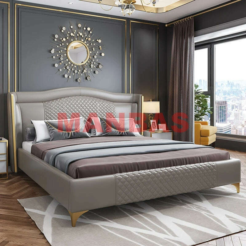 KIMLUD, MANBAS Genuine Leather Bed Nordic Double Size Rectangle Bed Frame Nordic King/Queen Size Wedding Lits Designer Upholstered Cama, KIMLUD Womens Clothes