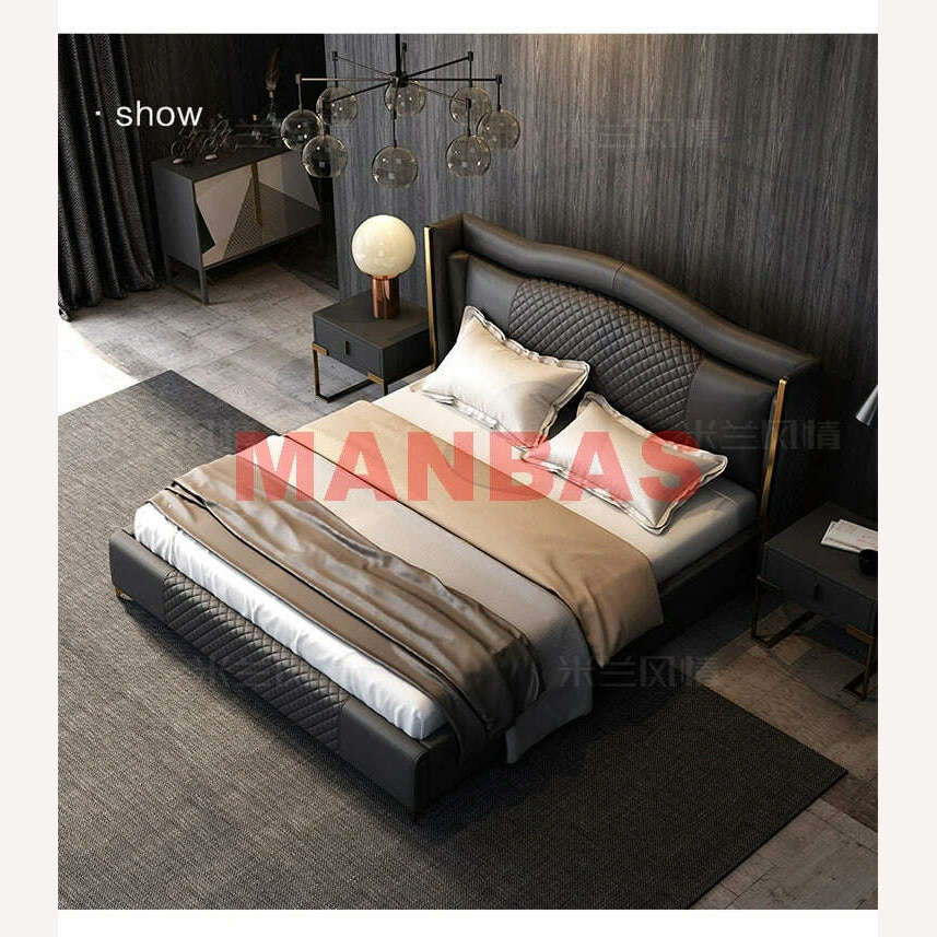 KIMLUD, MANBAS Genuine Leather Bed Nordic Double Size Rectangle Bed Frame Nordic King/Queen Size Wedding Lits Designer Upholstered Cama, KIMLUD Womens Clothes