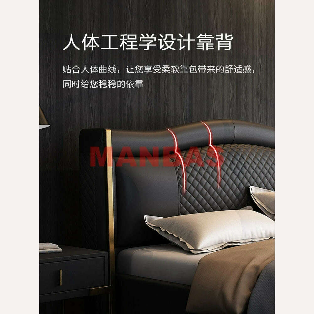KIMLUD, MANBAS Genuine Leather Bed Nordic Double Size Rectangle Bed Frame Nordic King/Queen Size Wedding Lits Designer Upholstered Cama, KIMLUD Womens Clothes
