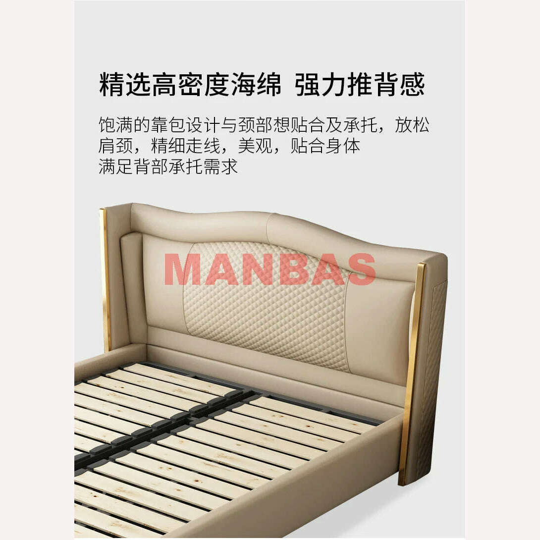 KIMLUD, MANBAS Genuine Leather Bed Nordic Double Size Rectangle Bed Frame Nordic King/Queen Size Wedding Lits Designer Upholstered Cama, KIMLUD Womens Clothes