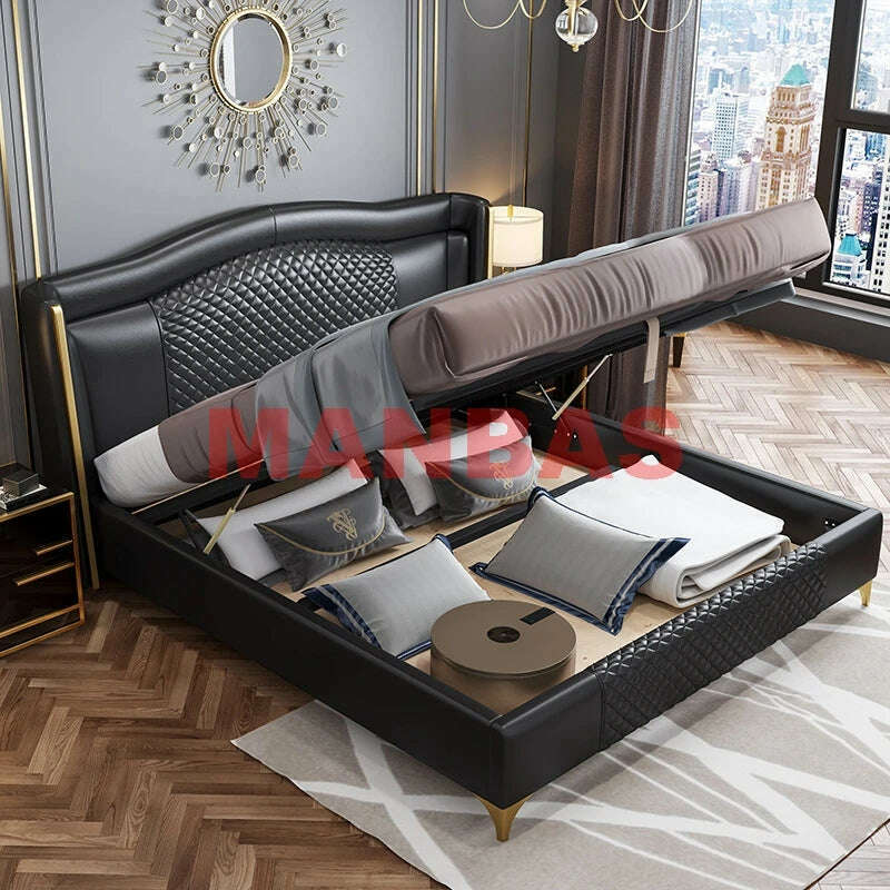 KIMLUD, MANBAS Genuine Leather Bed Nordic Double Size Rectangle Bed Frame Nordic King/Queen Size Wedding Lits Designer Upholstered Cama, bed with high box, KIMLUD APPAREL - Womens Clothes