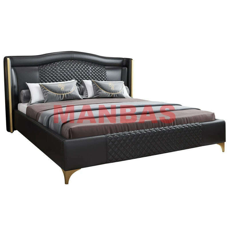 KIMLUD, MANBAS Genuine Leather Bed Nordic Double Size Rectangle Bed Frame Nordic King/Queen Size Wedding Lits Designer Upholstered Cama, bed without mattress, KIMLUD APPAREL - Womens Clothes