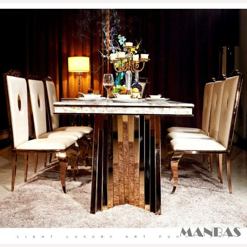 KIMLUD, MANBAS Luxury Dining Set: 6 Stainless Steel Genuine Leather Chairs and Rectangle Marble Sea Shell Table kitchen room furniture, KIMLUD Womens Clothes