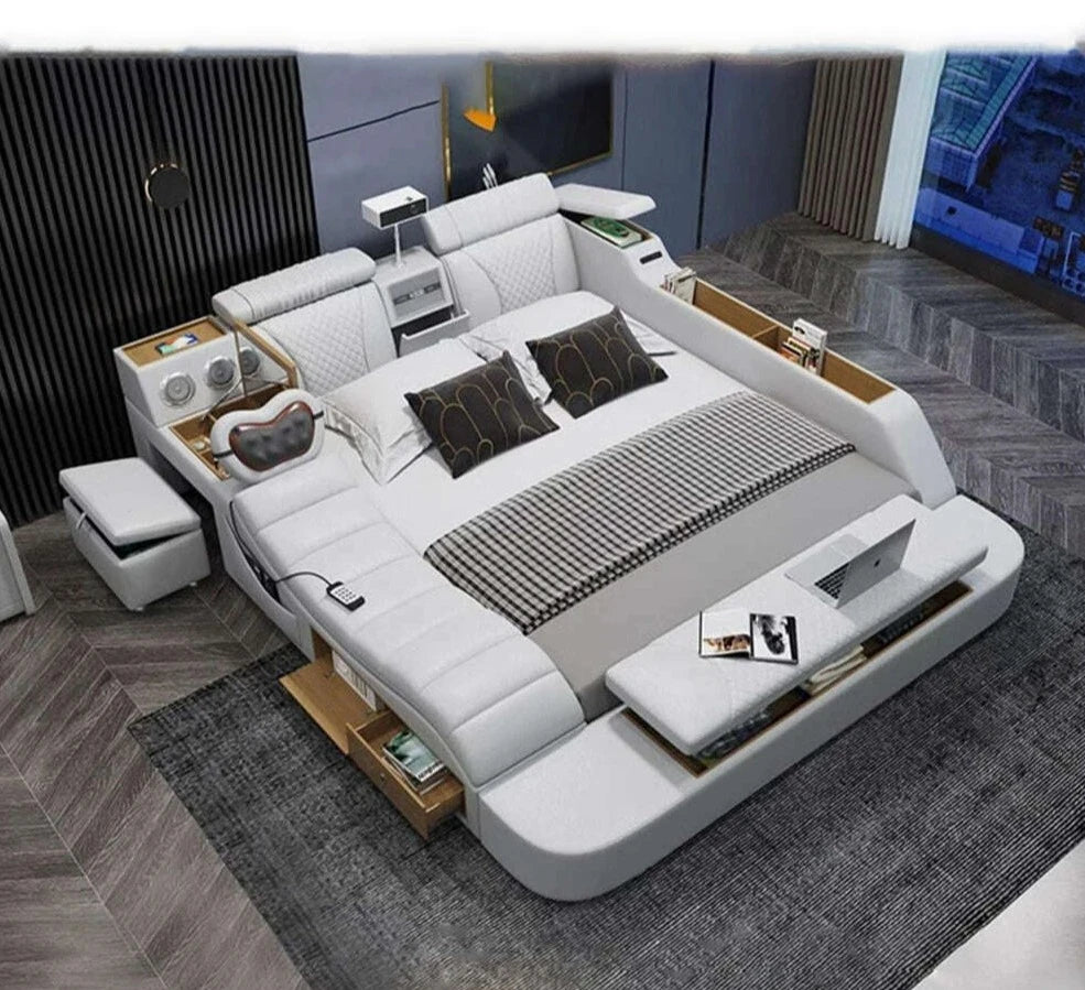 KIMLUD, MANBAS Tech Smart Bed - Genuine Leather Upholstery, Multifunctional Bed Frame, Massage, Speaker, Projector and Air Purifier, KIMLUD Womens Clothes