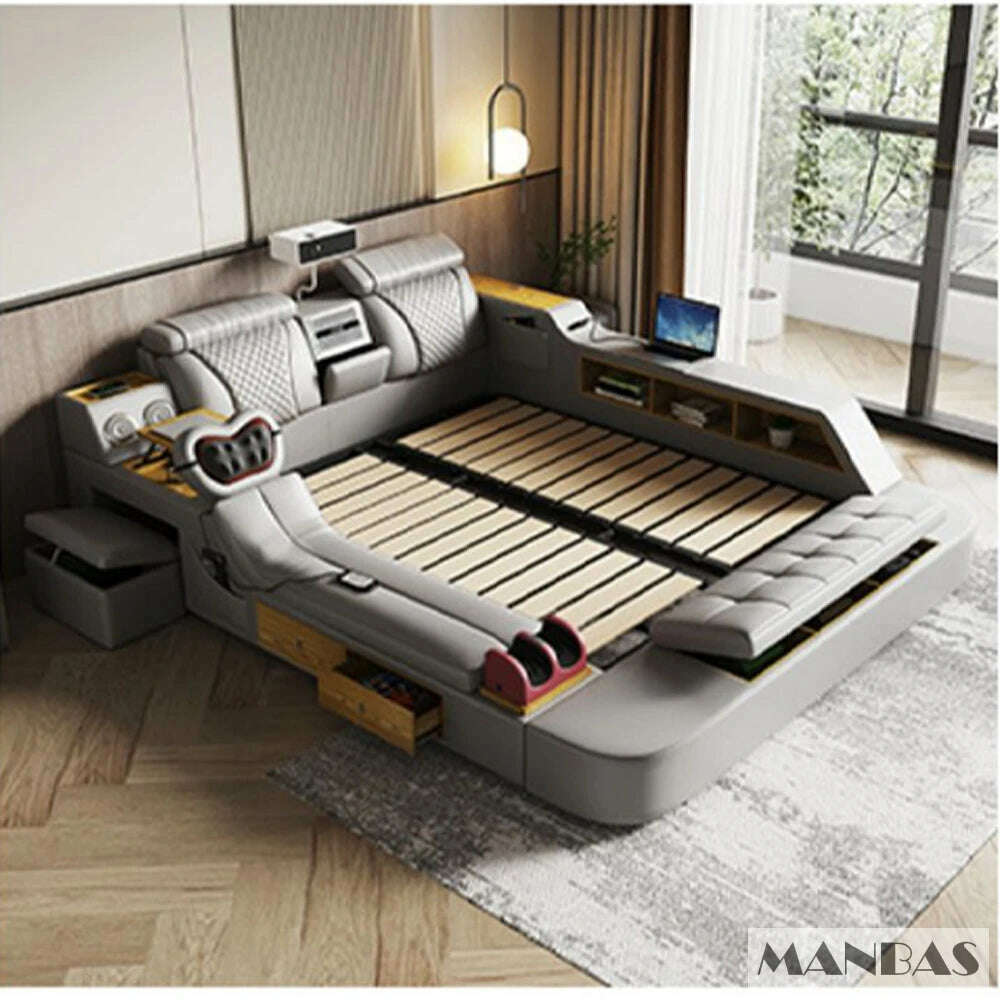 KIMLUD, MANBAS Tech Smart Bed - the Ultimate Multifunctional Bedframe with Genuine Leather, Massage, Speaker, Projector, Air Purifier, bed without mattress, KIMLUD APPAREL - Womens Clothes