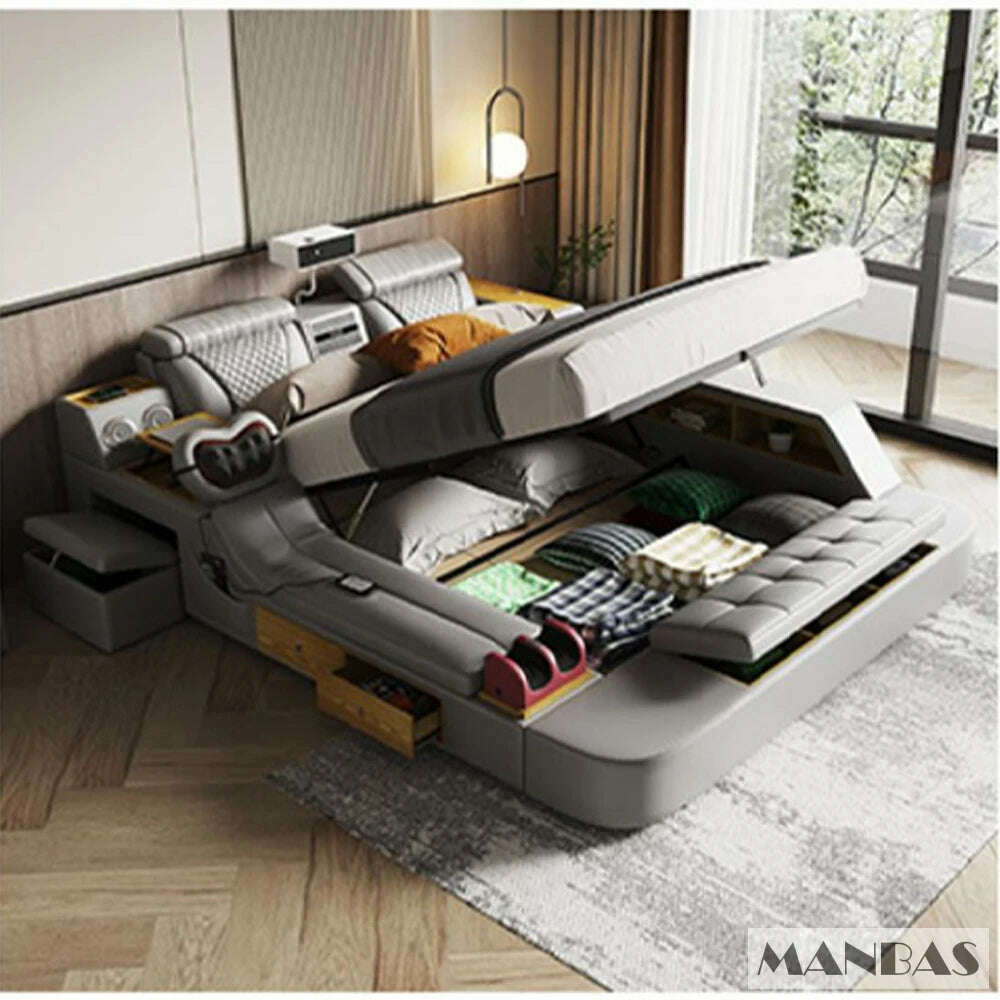 KIMLUD, MANBAS Tech Smart Bed - the Ultimate Multifunctional Bedframe with Genuine Leather, Massage, Speaker, Projector, Air Purifier, bed without high box, KIMLUD APPAREL - Womens Clothes