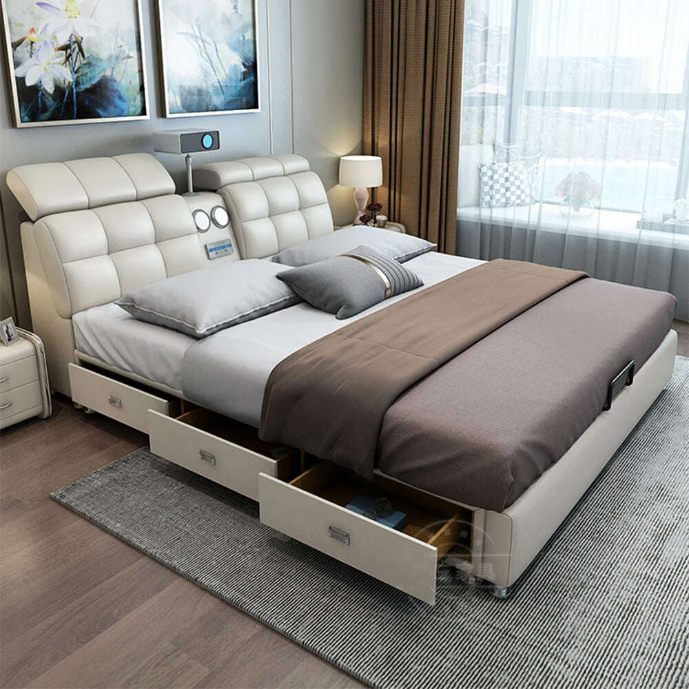 MANBAS Ultimate Tech Smart Bed - Multifunctional Bedframe with Genuine Leather and Bluetooth Speaker, Drawers, Projector, USB - KIMLUD