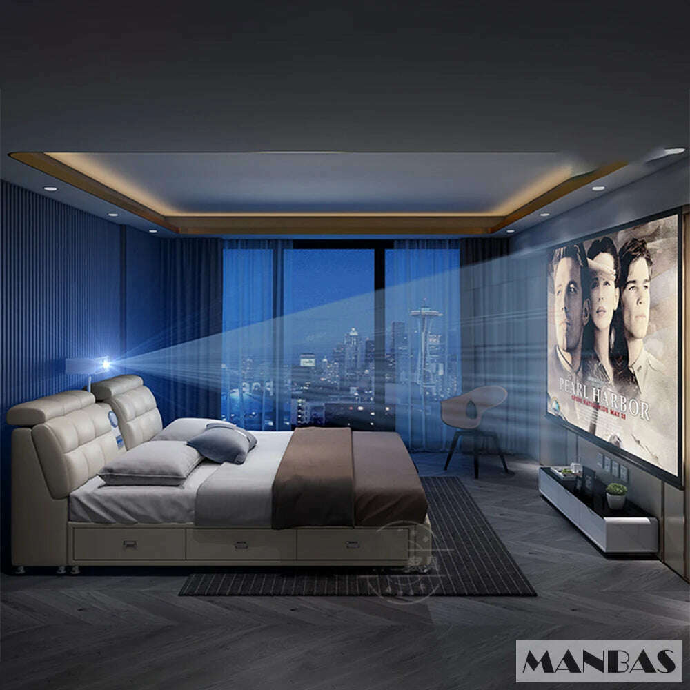 MANBAS Ultimate Tech Smart Bed - Multifunctional Bedframe with Genuine Leather and Bluetooth Speaker, Drawers, Projector, USB - KIMLUD