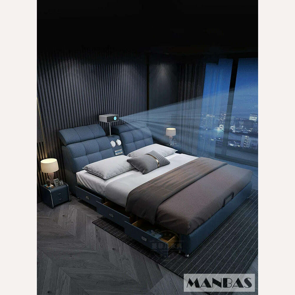 MANBAS Ultimate Tech Smart Bed - Multifunctional Bedframe with Genuine Leather and Bluetooth Speaker, Drawers, Projector, USB - KIMLUD