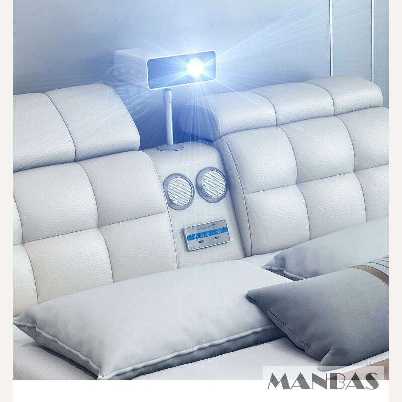 MANBAS Ultimate Tech Smart Bed - Multifunctional Bedframe with Genuine Leather and Bluetooth Speaker, Drawers, Projector, USB - KIMLUD