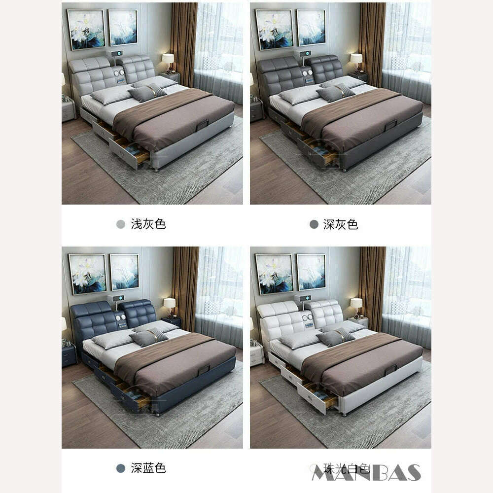 MANBAS Ultimate Tech Smart Bed - Multifunctional Bedframe with Genuine Leather and Bluetooth Speaker, Drawers, Projector, USB - KIMLUD