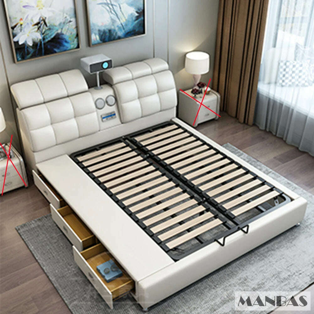 MANBAS Ultimate Tech Smart Bed - Multifunctional Bedframe with Genuine Leather and Bluetooth Speaker, Drawers, Projector, USB - KIMLUD