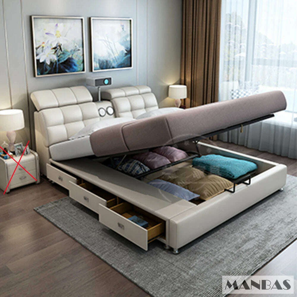MANBAS Ultimate Tech Smart Bed - Multifunctional Bedframe with Genuine Leather and Bluetooth Speaker, Drawers, Projector, USB - KIMLUD