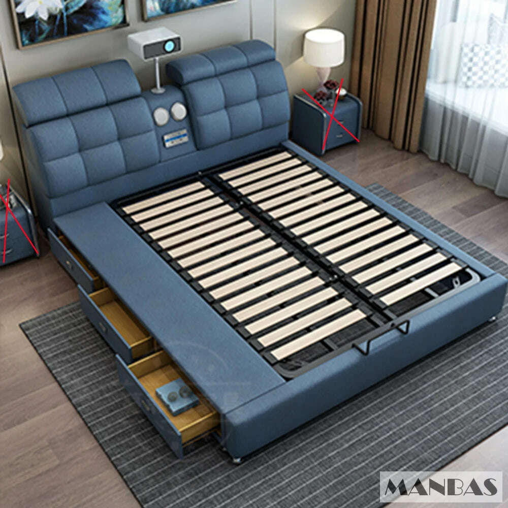 MANBAS Ultimate Tech Smart Bed - Multifunctional Bedframe with Genuine Leather and Bluetooth Speaker, Drawers, Projector, USB - KIMLUD