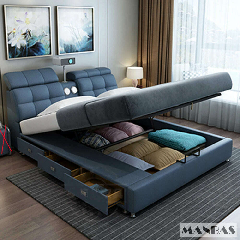 MANBAS Ultimate Tech Smart Bed - Multifunctional Bedframe with Genuine Leather and Bluetooth Speaker, Drawers, Projector, USB - KIMLUD