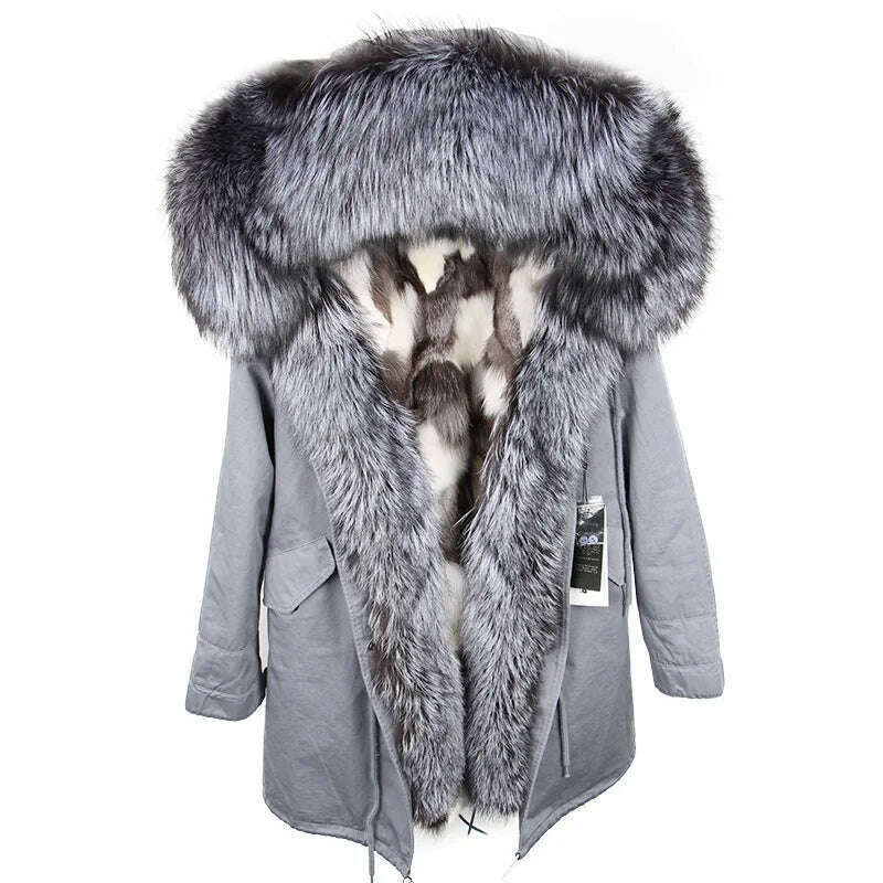 KIMLUD, MAOMAOKONG 2023 Winter Women Real Fur Coat Fox Fur Liner Warm Jacket With Natural Fur Collar Silver Fox Big Collar Long Parkas, 11 / S, KIMLUD APPAREL - Womens Clothes