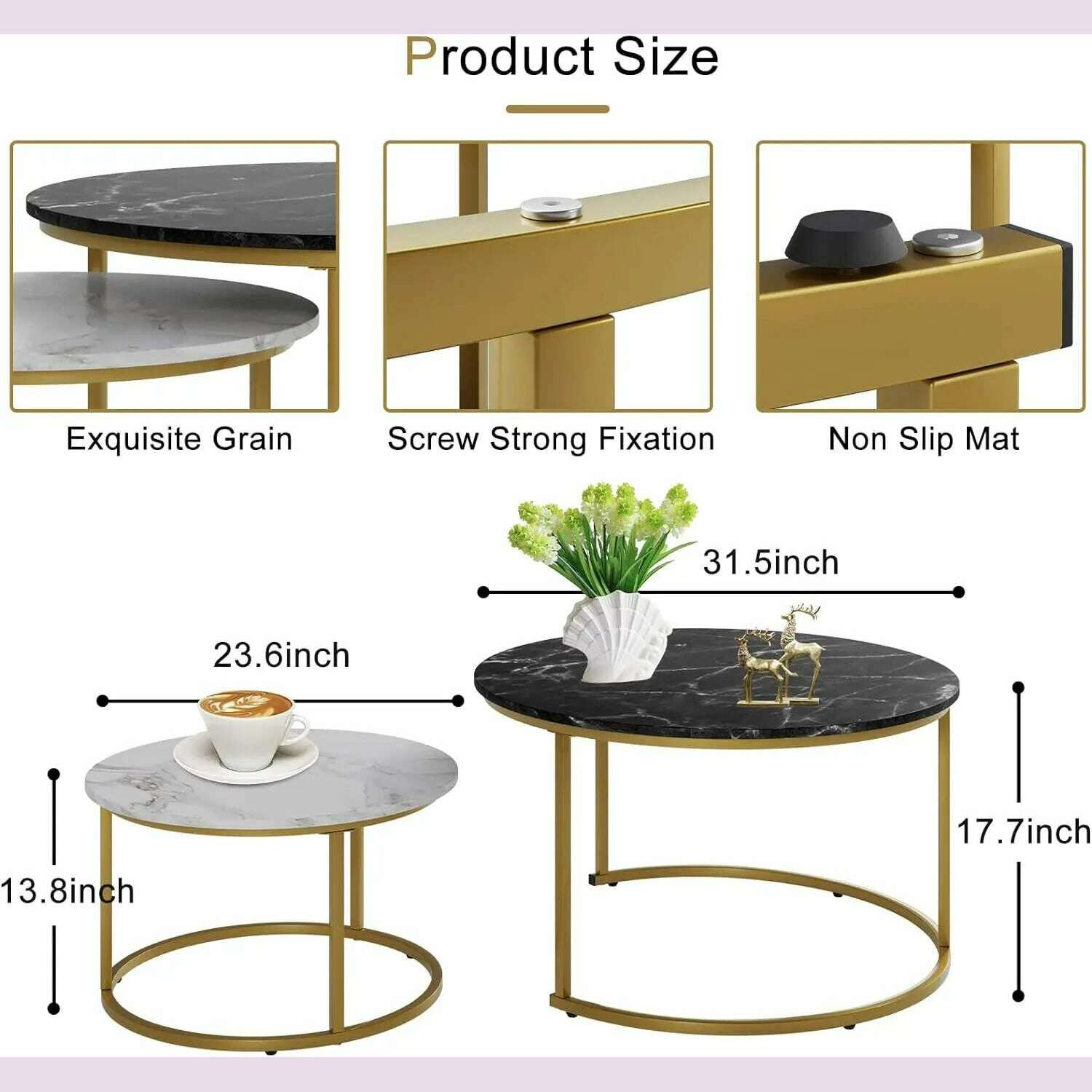 KIMLUD, Marble Nesting Golden Coffee Table 31.5In Large Set of 2, Steel Frame Circular and Round Wooden Tables 31in, Living Room Bedroom, KIMLUD Womens Clothes
