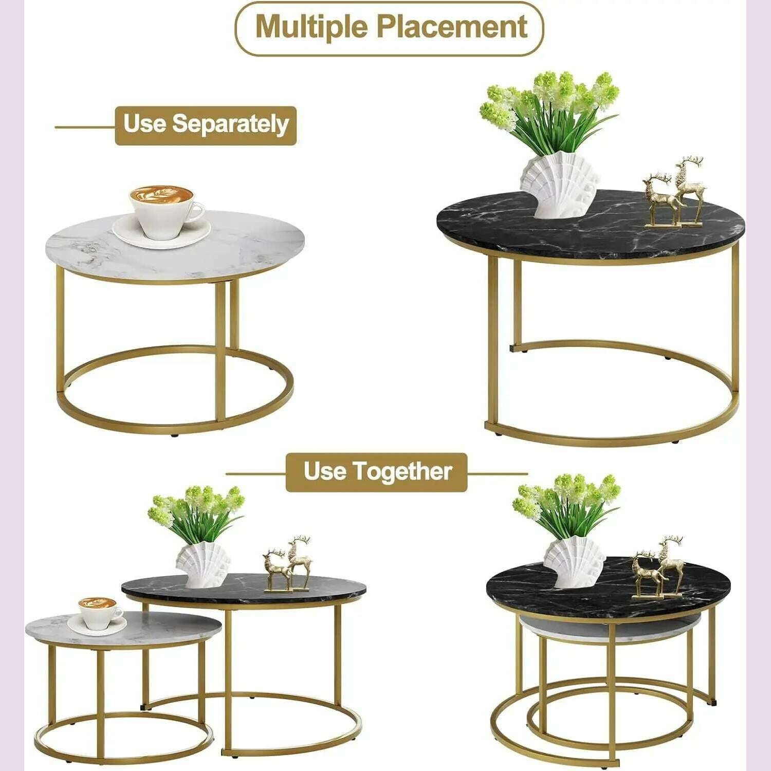 KIMLUD, Marble Nesting Golden Coffee Table 31.5In Large Set of 2, Steel Frame Circular and Round Wooden Tables 31in, Living Room Bedroom, KIMLUD Womens Clothes
