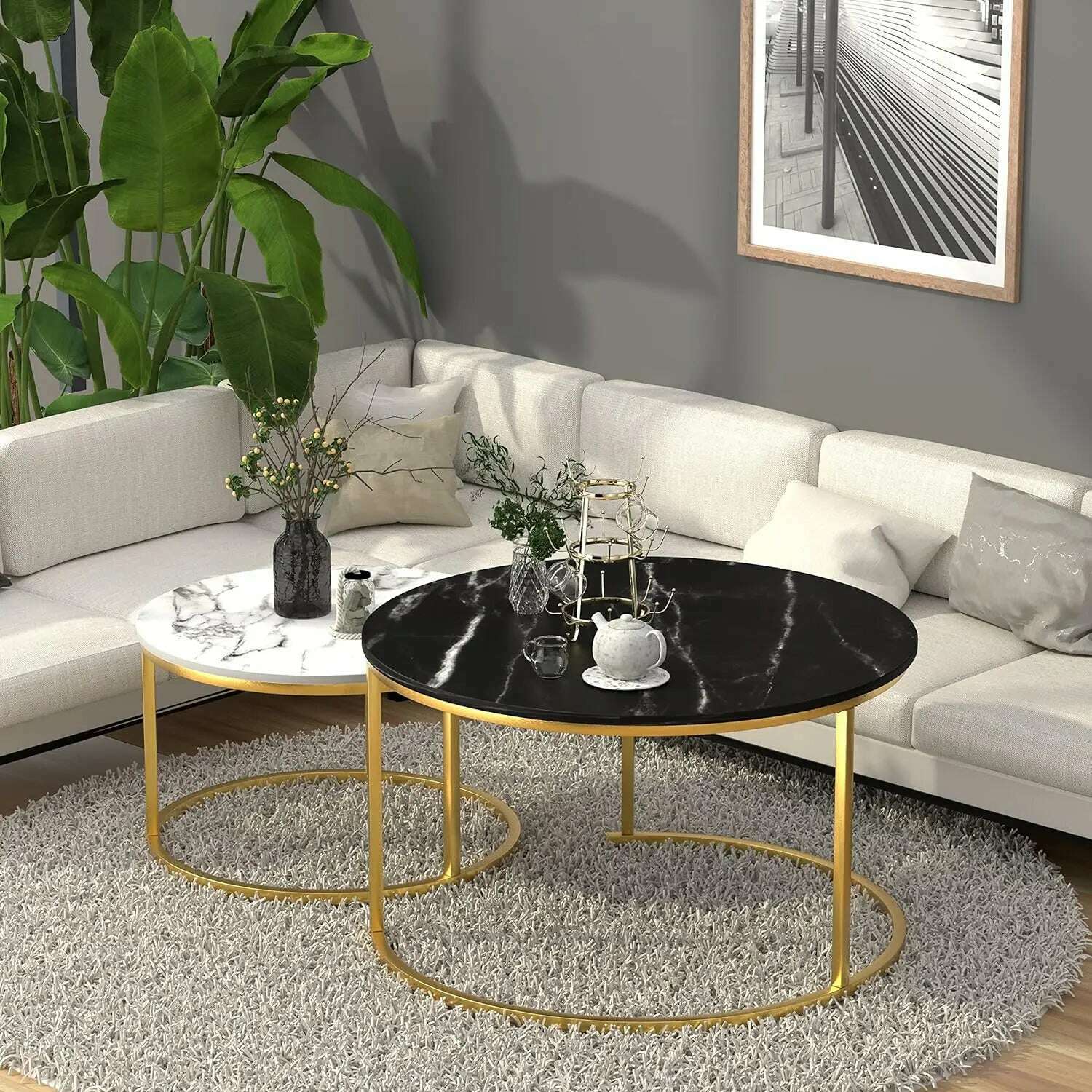 KIMLUD, Marble Nesting Golden Coffee Table 31.5In Large Set of 2, Steel Frame Circular and Round Wooden Tables 31in, Living Room Bedroom, KIMLUD Womens Clothes