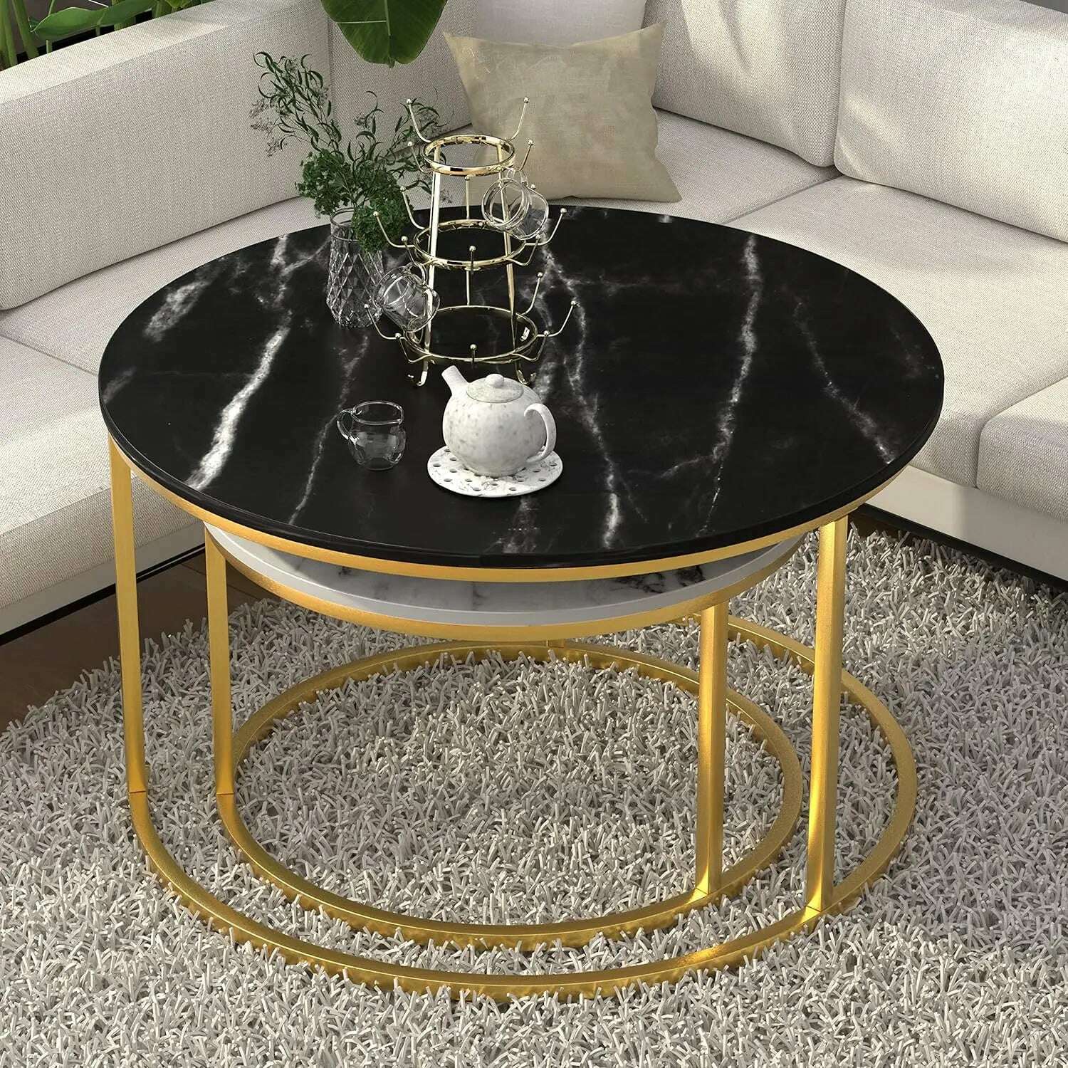 KIMLUD, Marble Nesting Golden Coffee Table 31.5In Large Set of 2, Steel Frame Circular and Round Wooden Tables 31in, Living Room Bedroom, KIMLUD Womens Clothes
