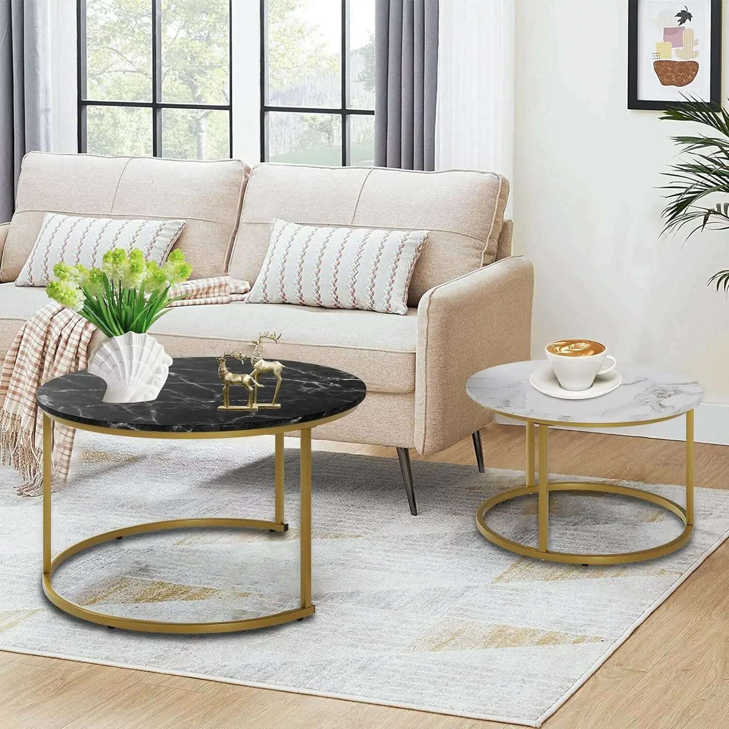 KIMLUD, Marble Nesting Golden Coffee Table 31.5In Large Set of 2, Steel Frame Circular and Round Wooden Tables 31in, Living Room Bedroom, KIMLUD Womens Clothes