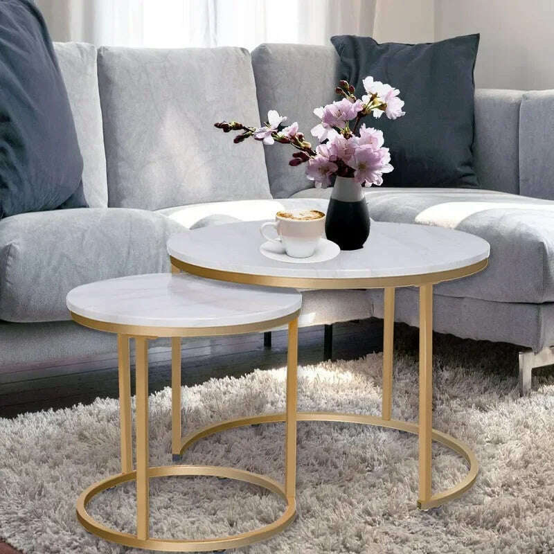 Marble Nesting Golden Coffee Table 31.5In Large Set of 2, Steel Frame Circular and Round Wooden Tables 31in - KIMLUD