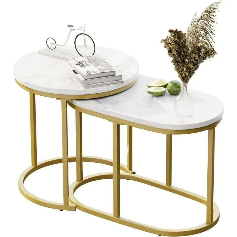 Marble Nesting Golden Coffee Table 31.5In Large Set of 2, Steel Frame Circular and Round Wooden Tables 31in - KIMLUD