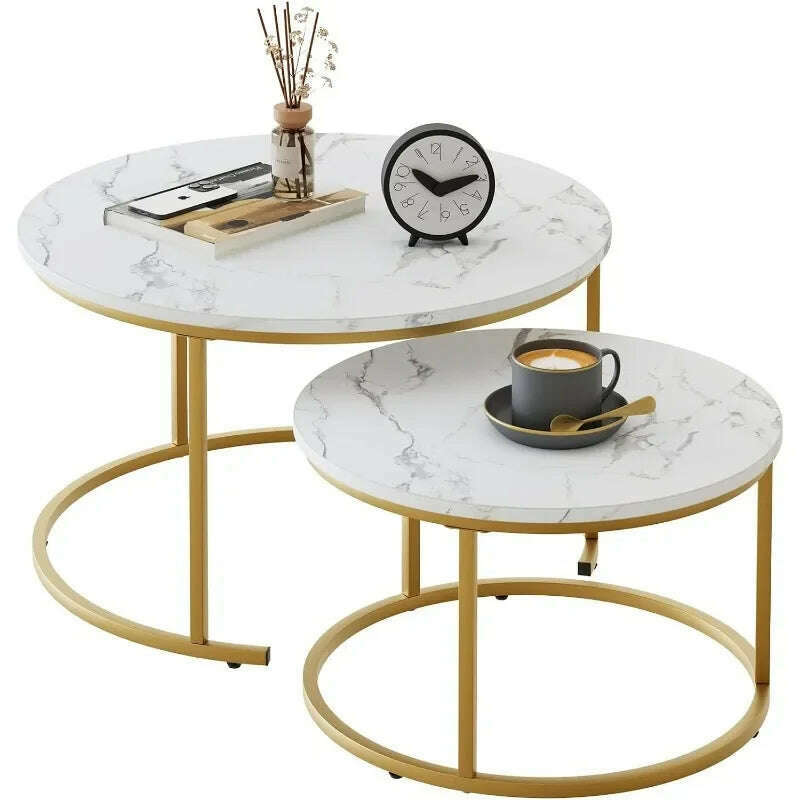 Marble Nesting Golden Coffee Table 31.5In Large Set of 2, Steel Frame Circular and Round Wooden Tables 31in - KIMLUD