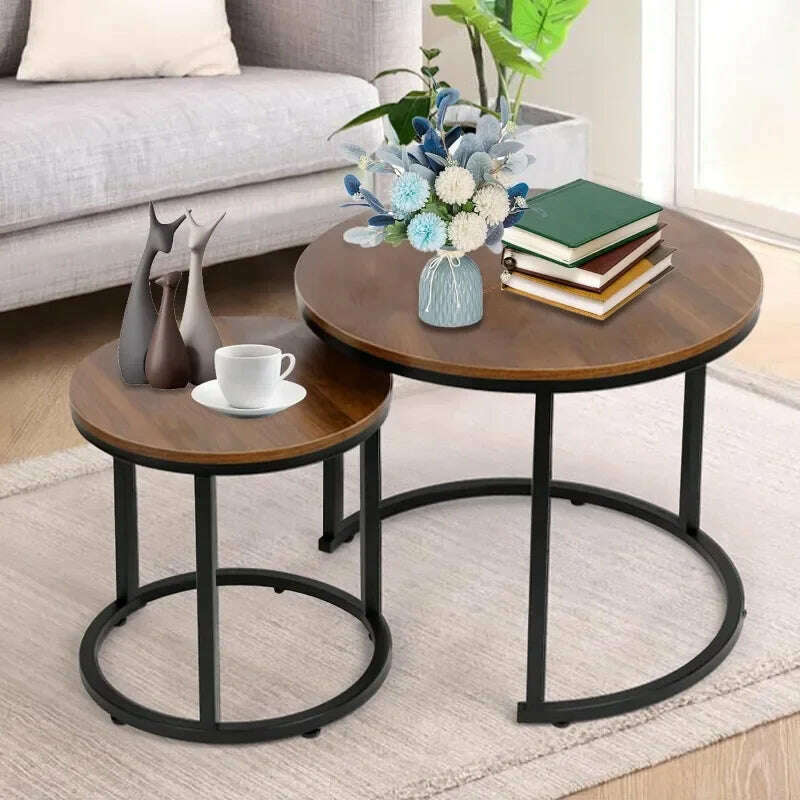 Marble Nesting Golden Coffee Table 31.5In Large Set of 2, Steel Frame Circular and Round Wooden Tables 31in - KIMLUD