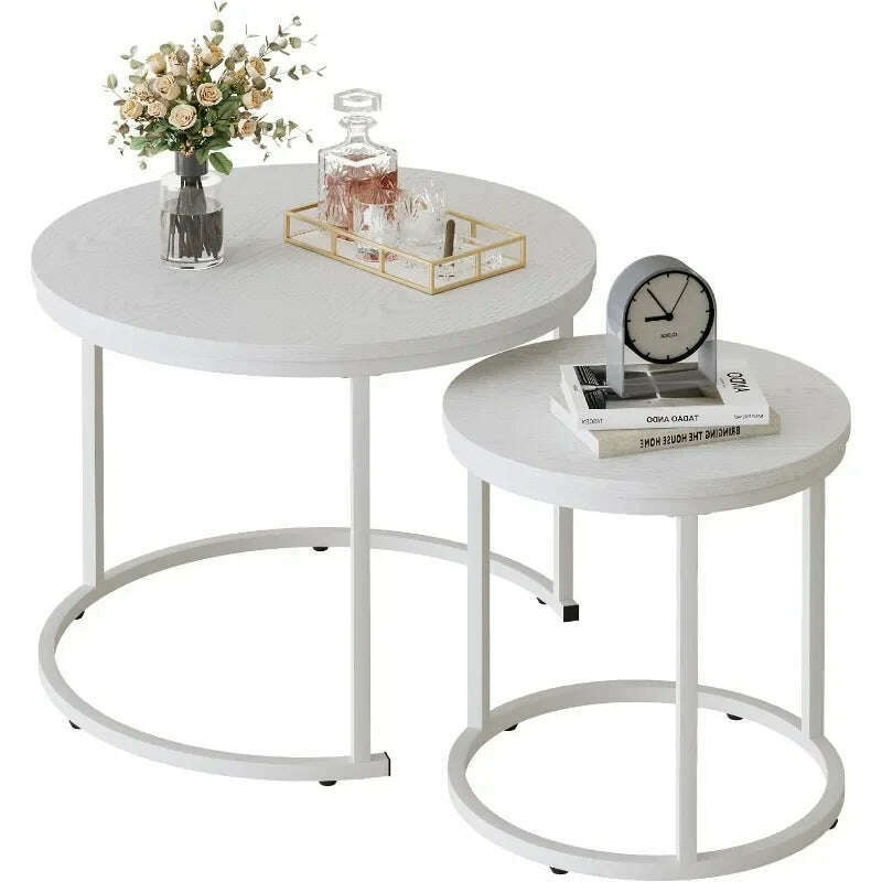 Marble Nesting Golden Coffee Table 31.5In Large Set of 2, Steel Frame Circular and Round Wooden Tables 31in - KIMLUD