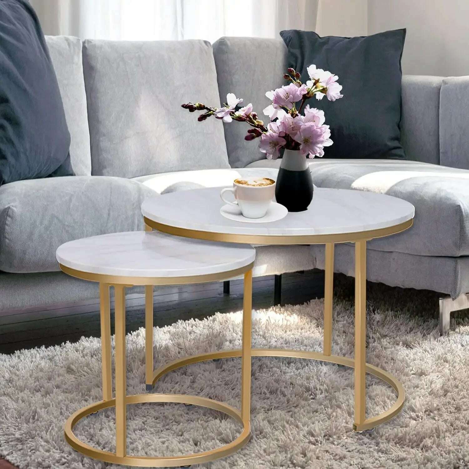 Marble Nesting Golden Coffee Table 31.5In Large Set of 2, Steel Frame Circular and Round Wooden Tables 31in - KIMLUD