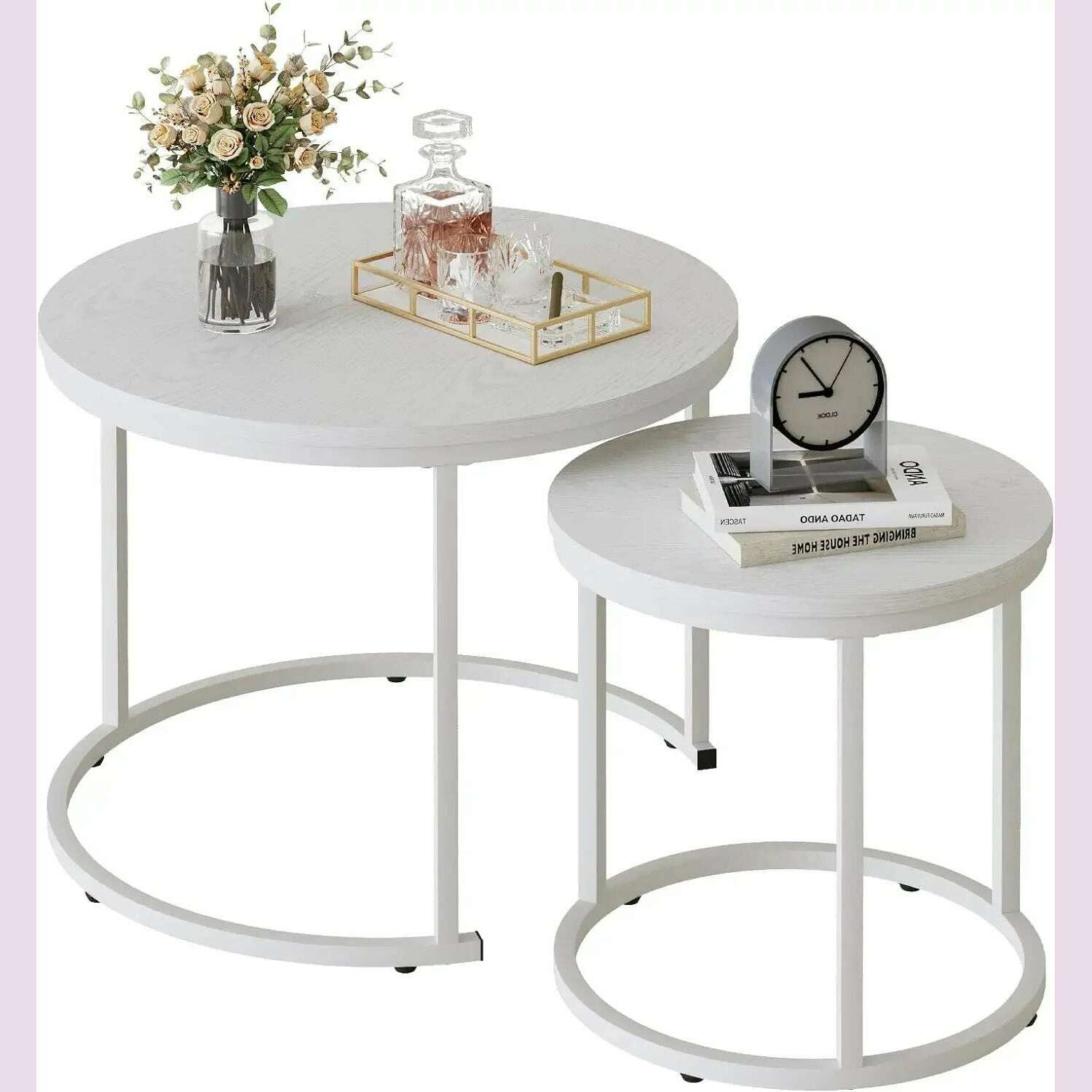 Marble Nesting Golden Coffee Table 31.5In Large Set of 2, Steel Frame Circular and Round Wooden Tables 31in - KIMLUD