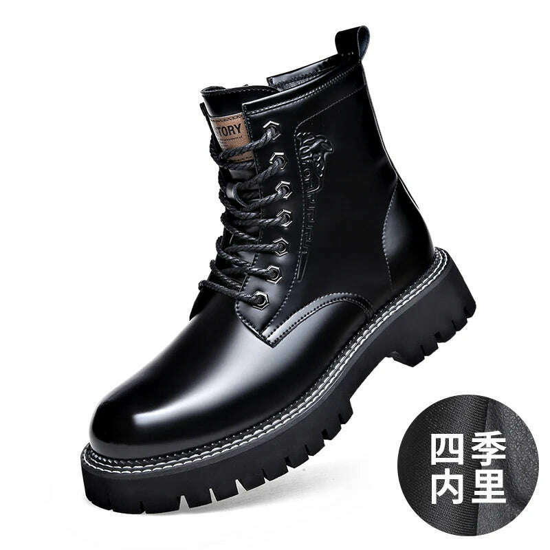 KIMLUD, Martin Boots Mens Genuine Leather Shiny Soft Leather Thick Sole English Style Low Top Short Retro Plush Wool Elevated Work Boots, Black grid 90105 / 38, KIMLUD APPAREL - Womens Clothes