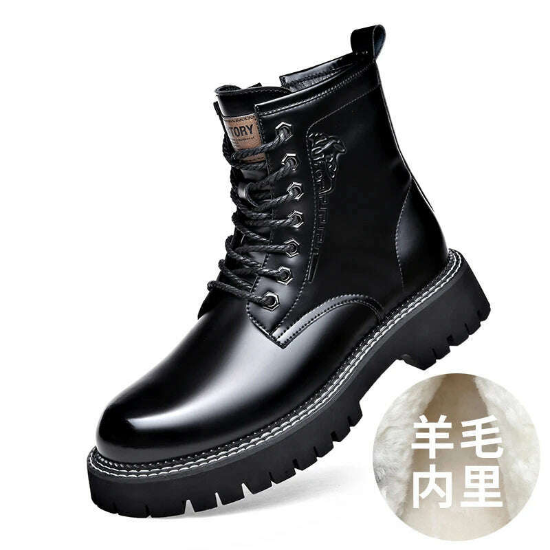 KIMLUD, Martin Boots Mens Genuine Leather Shiny Soft Leather Thick Sole English Style Low Top Short Retro Plush Wool Elevated Work Boots, Black plush 90105 / 38, KIMLUD APPAREL - Womens Clothes