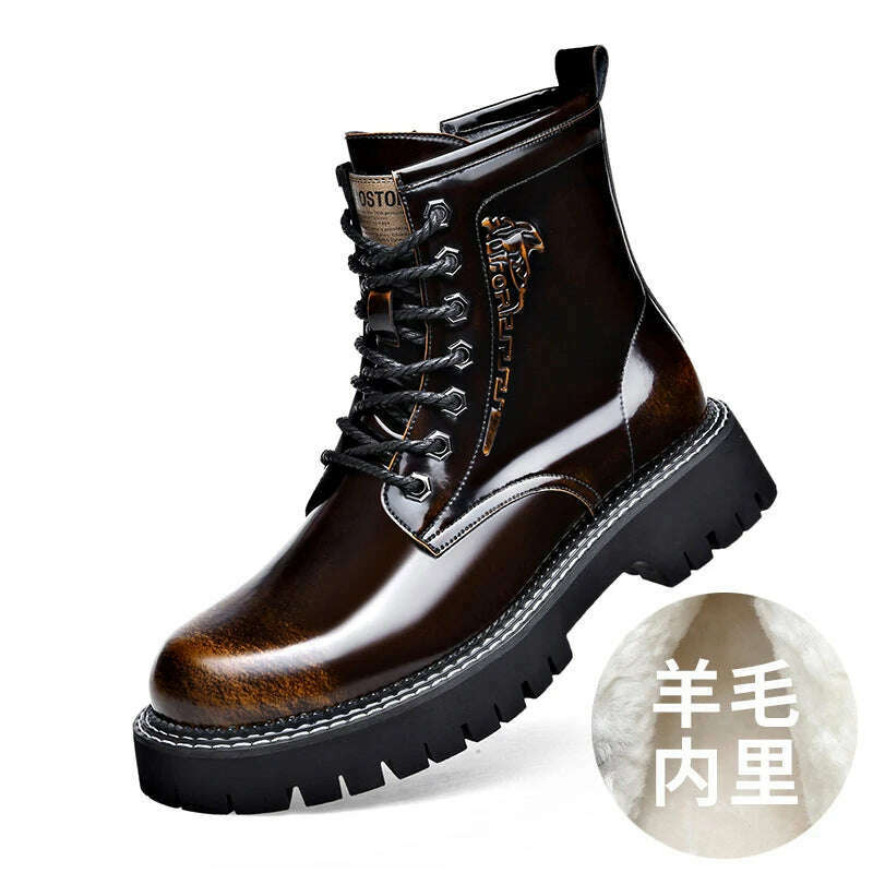 KIMLUD, Martin Boots Mens Genuine Leather Shiny Soft Leather Thick Sole English Style Low Top Short Retro Plush Wool Elevated Work Boots, Brown plush 90105 / 38, KIMLUD APPAREL - Womens Clothes